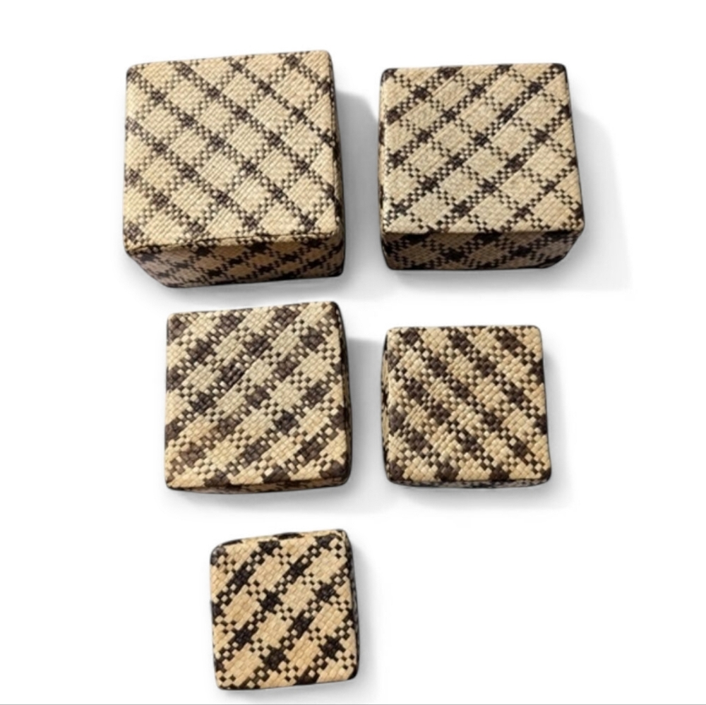 VINTAGE Nested Woven Baskets Set 5 Boho Lidded Square Storage Natural